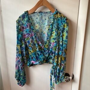 Zara Floral Wrap Blouse - Blue, Green, Purple